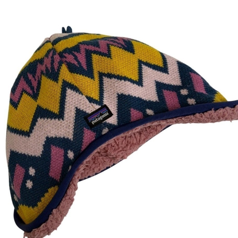 Patagonia Girls Beanie 5T Toddler ear cover reversible fleece Pink Yellow Blue
